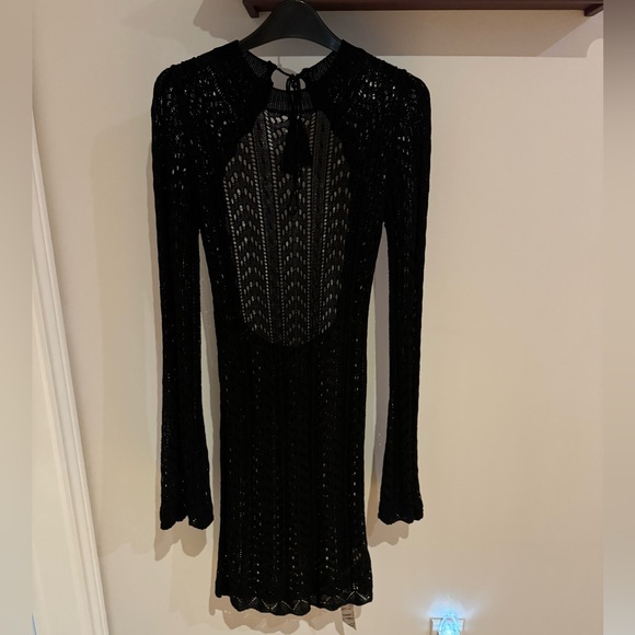 Black Open-Back Crochet Bathing Suit Dress Cover - Picture 1 of 4